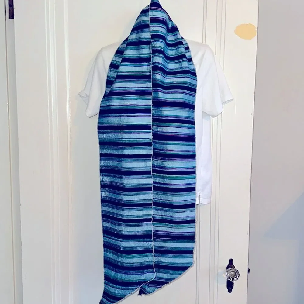 Striped‎ light blue, purple, green, red & navy blue striped shantung silk scarf